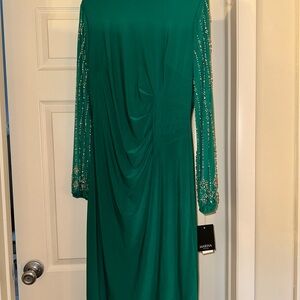 Round Neck Beaded Lace Long Sleeve Side Drape Sheath Dress